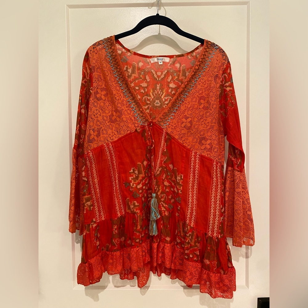 Guadalupe Design Red Boho Embroidered Tunic Top, size M